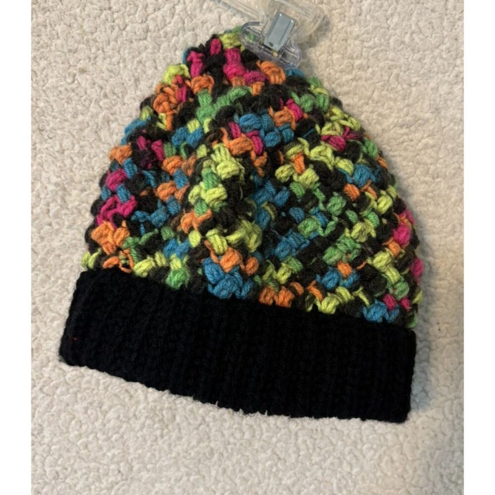 Adult‎ Women's Handmade Crochet Peaked Beanie Black Brim